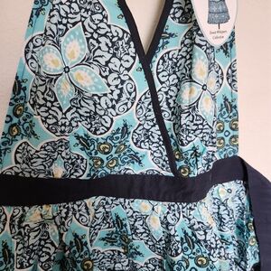 Simply Envogue Sweet Whisper retro blue black floral shape prnt Ruffle apron NWT